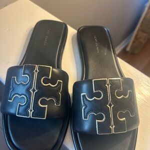 NEW Tory Burch Doublet Sport Slide Black Gold Napa Leather Size 7